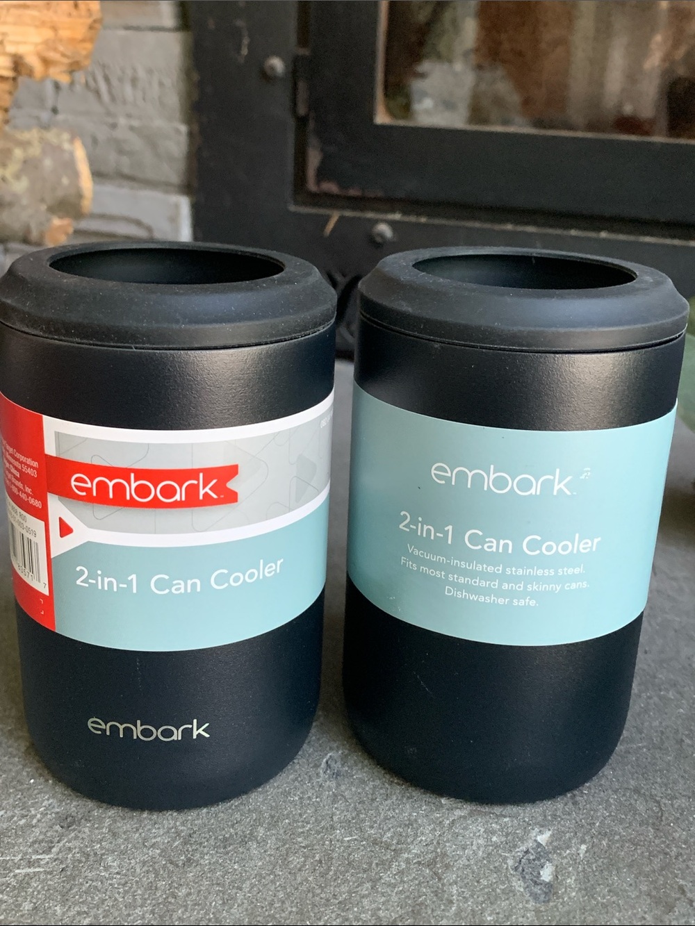 embark 2-in-1 Can Cooler - Black with Light Blue Label set of two